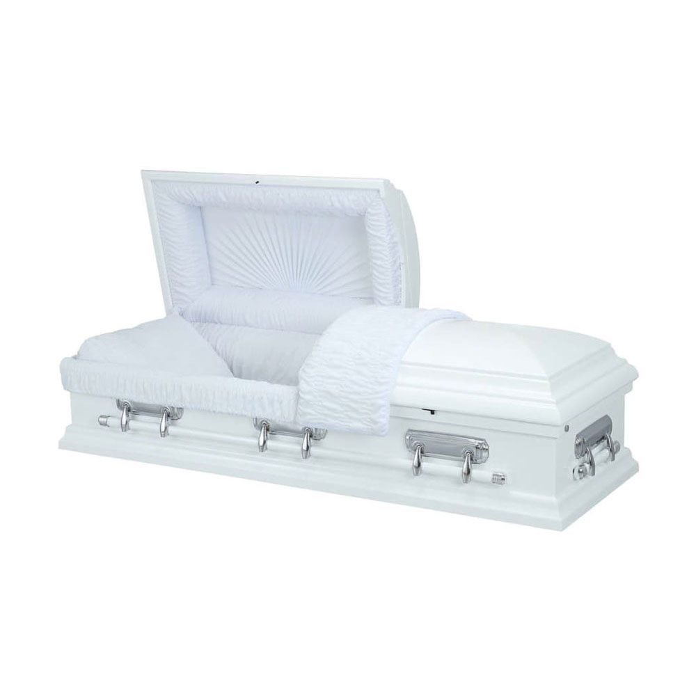 Solace white casket with chrome hardware and satin interior